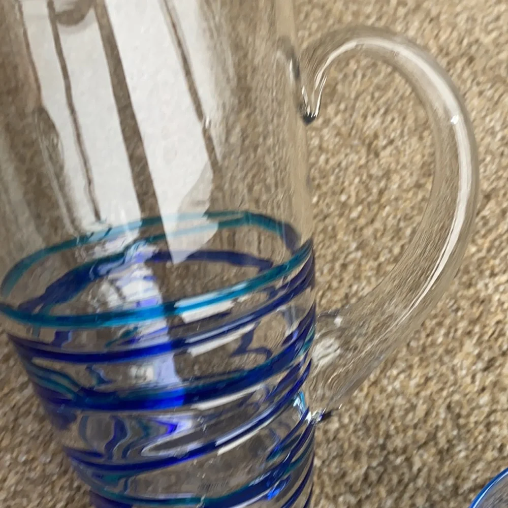 Pier 1 Glass two-tone blue glass pitcher with 3 matching glasses